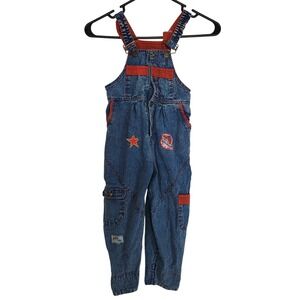 Pop Kids Vintage Kids Denim Overalls with Red Accents Balloons Patch Cargo SZ:2T